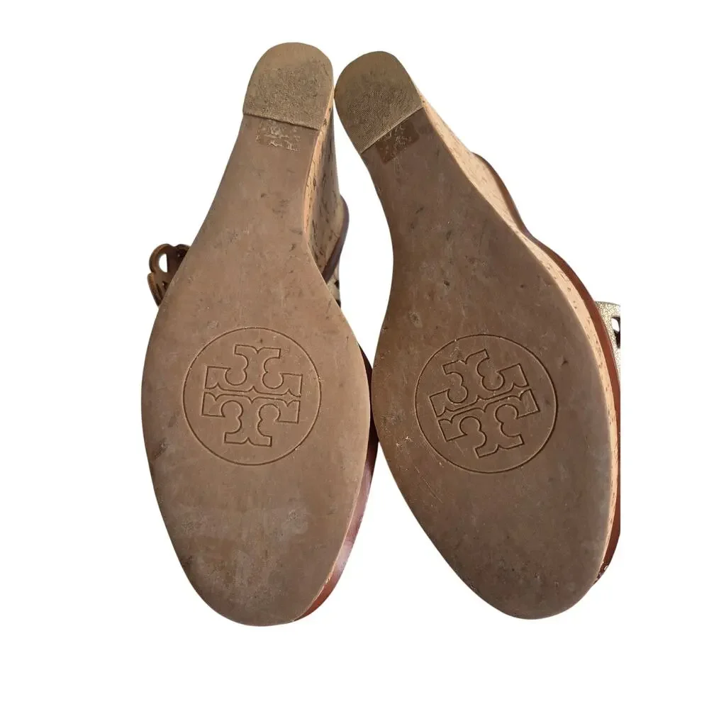 Tory Burch Nori Metallic‎ Gold Leather Platform Cork Wedge Sandals 10.5 M Glam